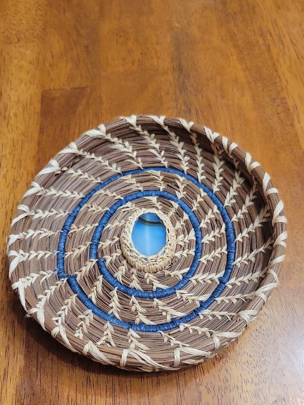 Hand Woven Pine Needle Basket With Stone